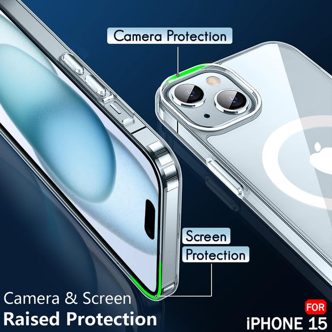 YOFO MagPro Back Cover Case for iPhone 15 Shockproof Slim Thin Non-Yellowing Scratch Resistant Military-Grade Protection Compatible with MagSafe - Transparent