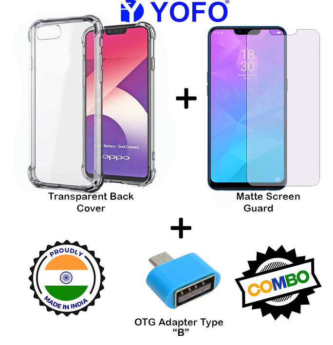 YOFO Combo for Realme C1 Transparent Back Cover + Matte Screen Guard with Free OTG Adapter