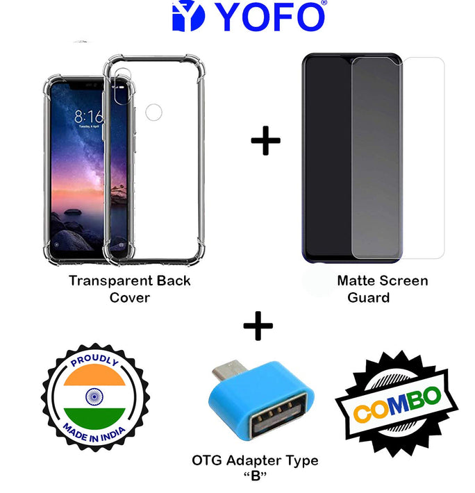 YOFO Combo for Mi Redmi Note 6 PRO Transparent Back Cover + Matte Screen Guard with Free OTG Adapter