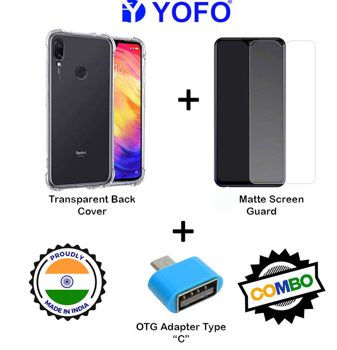 YOFO Combo for Mi Redmi Note 7 PRO Transparent Back Cover + Matte Screen Guard with Free OTG Adapter