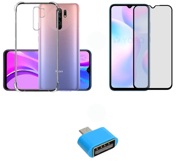 YOFO Combo for Mi Redmi 9 Prime Transparent Back Cover + Full Matte Screen Guad with Free OTG Adapter