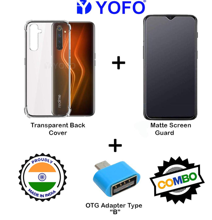 YOFO Combo for Realme 6 Transparent Back Cover + Matte Screen Guard with Free OTG Adapter