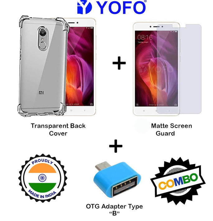 YOFO Combo for Mi Redmi Note 5 Transparent Back Cover + Matte Screen Guard with Free OTG Adapter