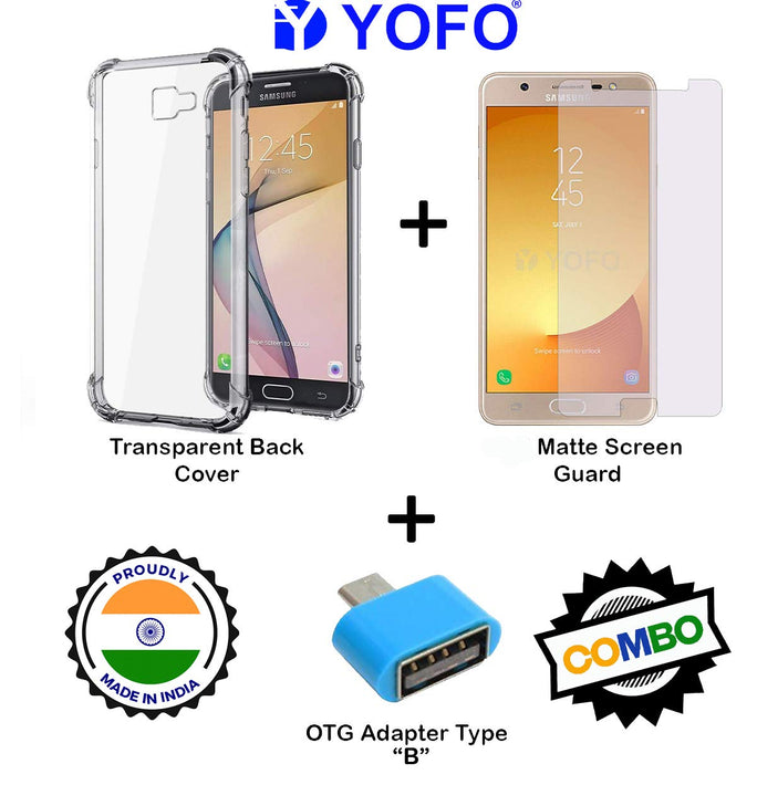 YOFO Combo for Samsung J7 Prime Transparent Back Cover + Matte Screen Guard with Free OTG Adapter
