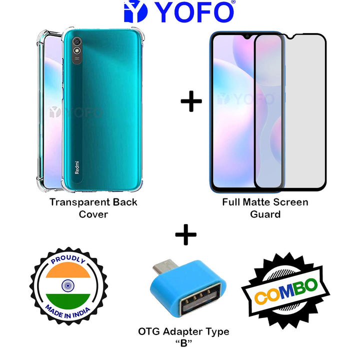 YOFO Combo for Mi Redmi 9A Transparent Back Cover + Matte Screen Guard with Free OTG Adapter