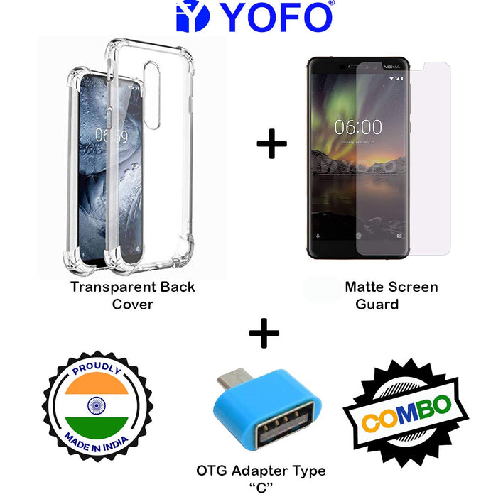 YOFO Combo for Nokia 5.1 Plus Transparent Back Cover + Matte Screen Guad with Free OTG Adapter