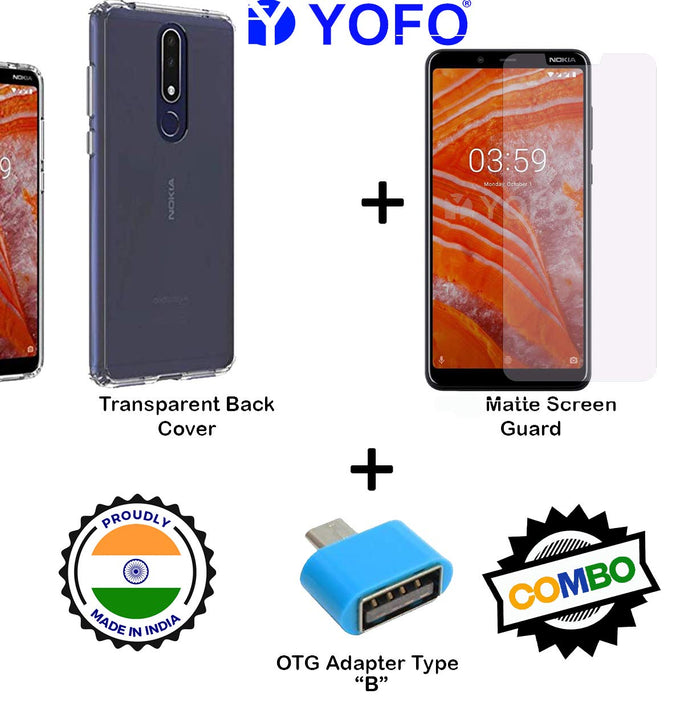 YOFO Combo for Nokia 3.1 Plus Transparent Back Cover + Matte Screen Guad with Free OTG Adapter