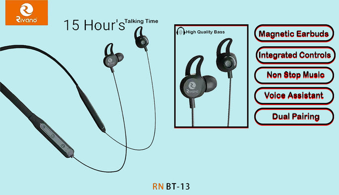 Rivano RN BT-13 Magnet Wireless Sport Bluetooth Neckband Earphone with 28 Hours Backup