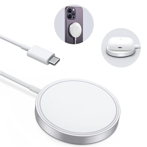 15W/1m Fast Charging USB Type C Apple Mag-Safe Charger Compatible with All Types of Wireless Charging Phone & Airpods Supported Device, White