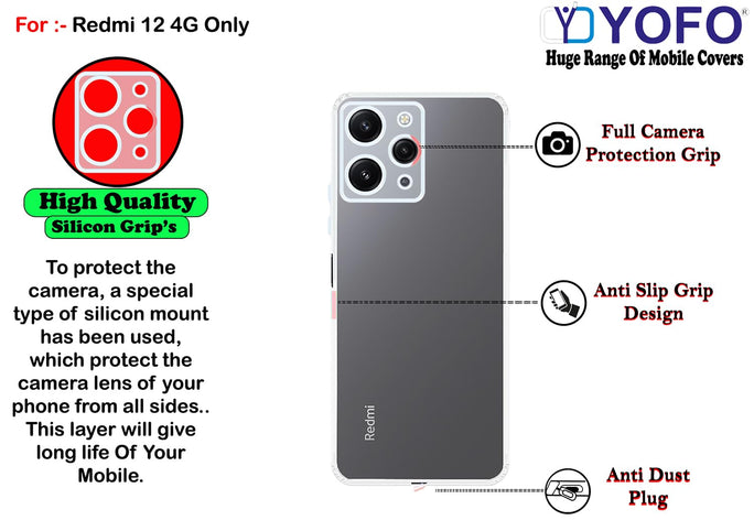 YOFO Back Cover for Mi Redmi 12-4G (SlimFlexible|Silicone|Transparent|Camera Protection|DustPlug)
