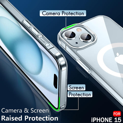 YOFO MagPro Back Cover Case for iPhone 15 Shockproof Slim Thin Non-Yellowing Scratch Resistant Military-Grade Protection Compatible with MagSafe - Transparent