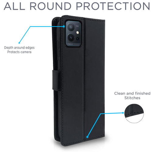 YOFO Vivo T1 5G / Y75 5G Flip Back Cover | PU Leather Flip Cover Wallet Case with TPU Silicone Case Back Cover for Vivo T1 5G / Vivo Y75 5G - (Classy Black)