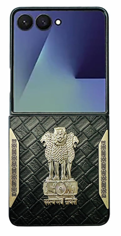YOFO Premium Leather-Textured Back Cover for Samsung Galaxy Z Flip 7, Black with Metal Accents
