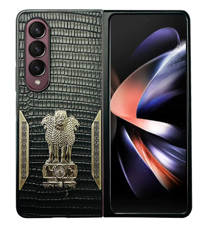 YOFO Premium Back Cover for Samsung Galaxy Z Fold Series, Textured Black with Decorative Metal Accents (Style 1, Samsung Galaxy Z Fold3)