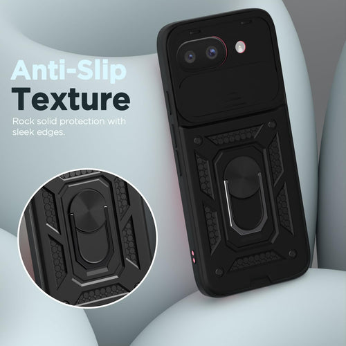 YOFO Back Cover for Google Pixel 9A | 360 Protection Case | Sliding Camera Shield Cover & Ring Holder Stand D10 Tough Armor Bumper Case (Black)