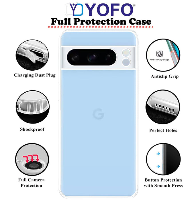 YOFO Back Cover for Google Pixel 8 Pro (5G) (Flexible|Silicone|Transparent|Full Camera Protection|Dust Plug)