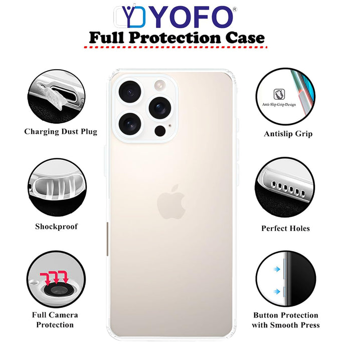 YOFO Silicone Transparent Back Cover foriPhone 16 Pro Max (6.9) inch (Flexible|Silicone|Transparent|Dust Plug|Camera Protection)