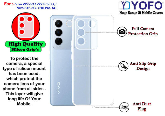 YOFO Back Cover for Vivo V27 (5G)/ V27 Pro (5G)/ S16 (5G)/ S16 Pro (5G)(SlimFlexible|Silicone|Transparent|Camera Protection|DustPlug)