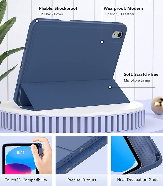 Smart Case for iPad 10th Generation (2025/2022) [Auto Sleep/Wake Cover] [Pencil Holder] [Soft Flexible Case] Recoil Series for Apple iPad 10th Generation - Dark Blue