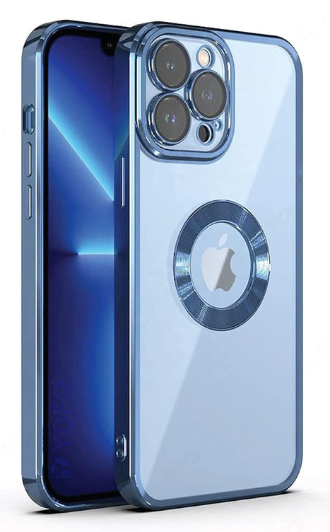 YOFO Electroplated Logo View Back Cover Case for Apple iPhone 14 [6.1] (Transparent|Chrome|TPU+Polycarbonate) (Blue, iPhone-14Pro-Max(6.7))
