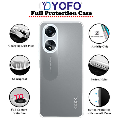 YOFO Back Cover for Oppo A58 (4G) (Flexible|Silicone|Transparent|Full Camera Protection|Anti Dust Plug)