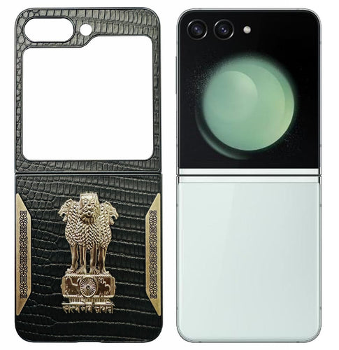 YOFO Premium Leather-Textured Back Cover for Samsung Galaxy Z Flip 7, Black with Metal Accents