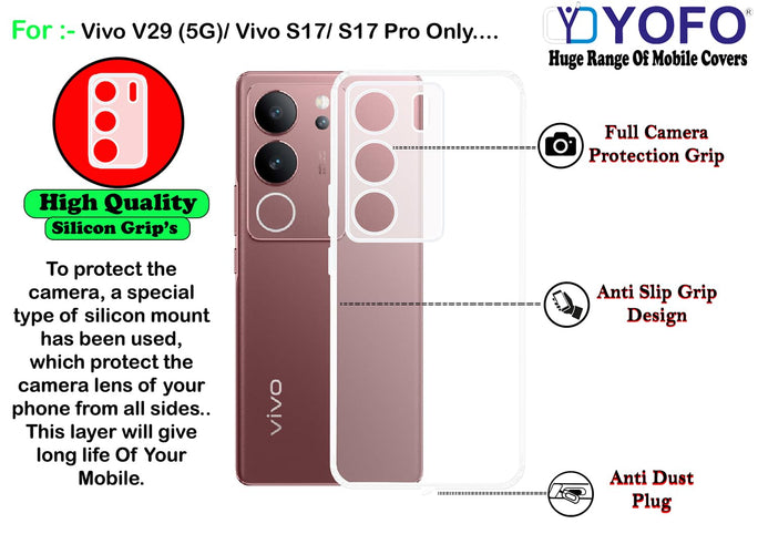 YOFO Back Cover for Vivo V29 / Vivo S17 / S17 Pro (5G)(Flexible|Silicone|Transparent|Full Camera Protection|Dust Plug)