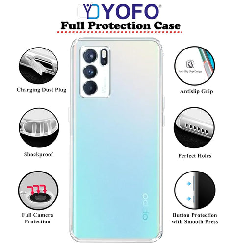 YOFO Back Cover for Oppo Reno 6 (5G) (Flexible|Silicone|Transparent|Dust Plug|Camera Protection)