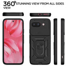 YOFO Back Cover for Google Pixel 9A | 360 Protection Case | Sliding Camera Shield Cover & Ring Holder Stand D10 Tough Armor Bumper Case (Black)