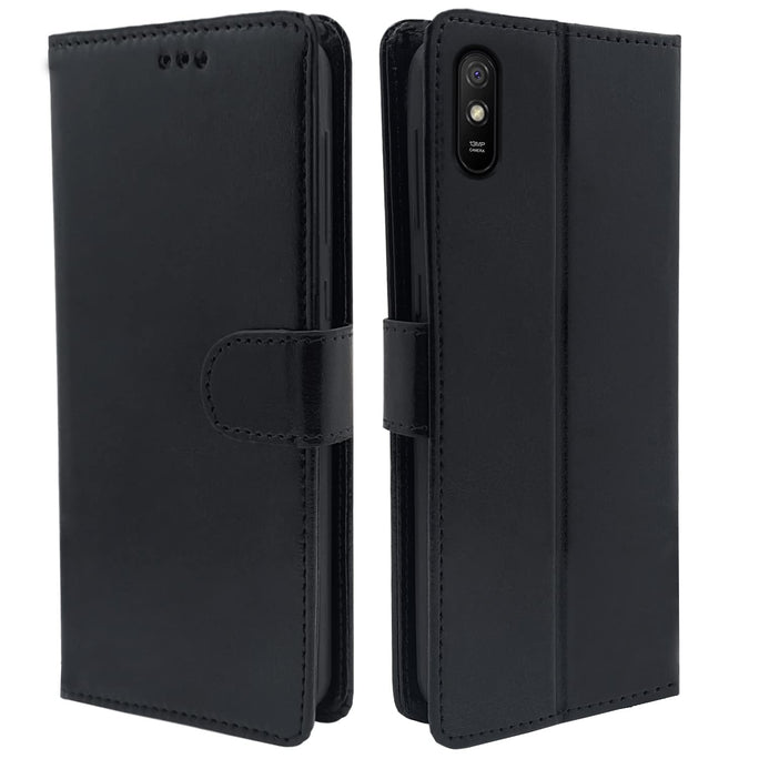 YOFO Redmi 9A / 9i / 9A Sport Flip Cover Leather Finish | Inside TPU with Card Pockets | Wallet Stand and Shock Proof | Complete Protection Flip Case (BLACK)