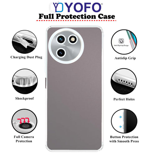 YOFO Back Cover for Vivo T3x (5G) (Flexible|Silicone|Transparent|Full Camera Protection|Anti Dust Plug)