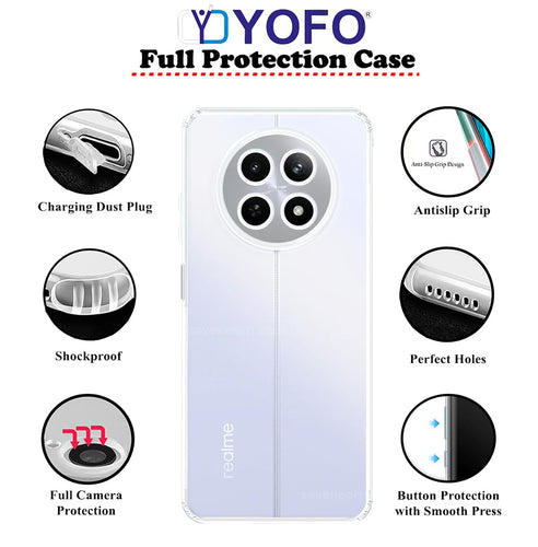 YOFO Back Cover for Realme 12 (5G) (Flexible|Silicone|Transparent|Full Camera Protection|Anti Dust Plug)