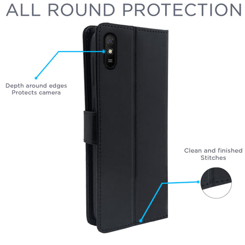 YOFO Redmi 9A / 9i / 9A Sport Flip Cover Leather Finish | Inside TPU with Card Pockets | Wallet Stand and Shock Proof | Complete Protection Flip Case (BLACK)