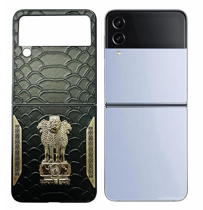 YOFO Premium Leather-Textured Back Cover for Samsung Galaxy Z FLIP 4 , Black with Metal Accents, Protective Case