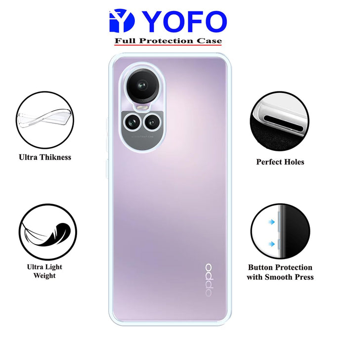 YOFO Back Cover for Oppo Reno 10 / Reno 10 Pro (5G) 2.0 MM (Flexible|Silicone|Transparent|Full Camera Protection)