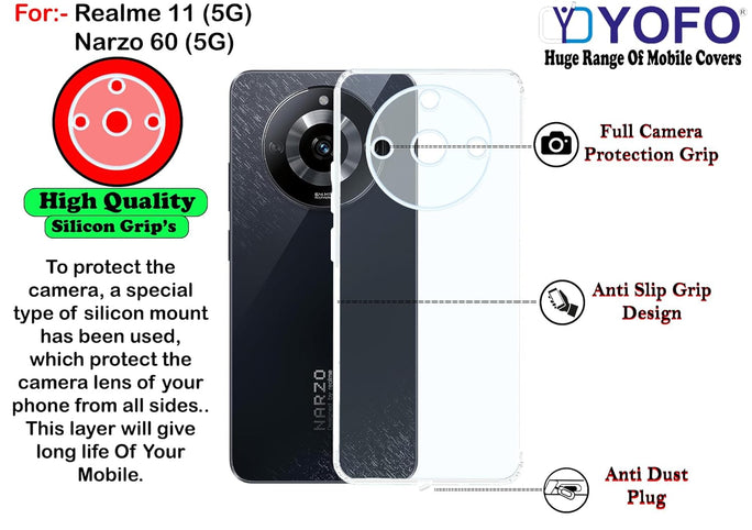 YOFO Back Cover for Realme 11 (5G)/Narzo 60 (5G) (SlimFlexible|Silicone|Transparent|Camera Protection|DustPlug)