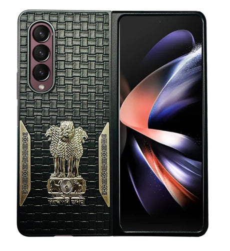 YOFO Premium Leather-Textured Back Cover for Samsung Galaxy Z Fold 4 , Black with Metal Accents