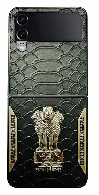 YOFO Premium Leather-Textured Back Cover for Samsung Galaxy Z FLIP 4 , Black with Metal Accents, Protective Case