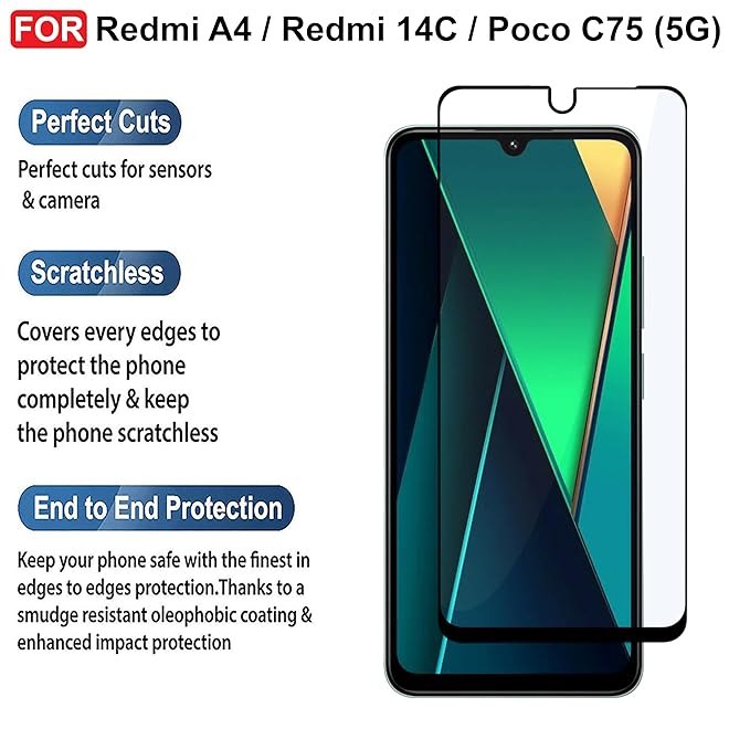 Edge to Edge Tempered glass for Redmi A4 / Redmi 14C/ Poco C75 5G