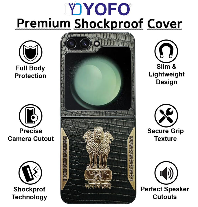 YOFO Premium Leather-Textured Back Cover for Samsung Galaxy Z Flip 5, Black with Metal Accents