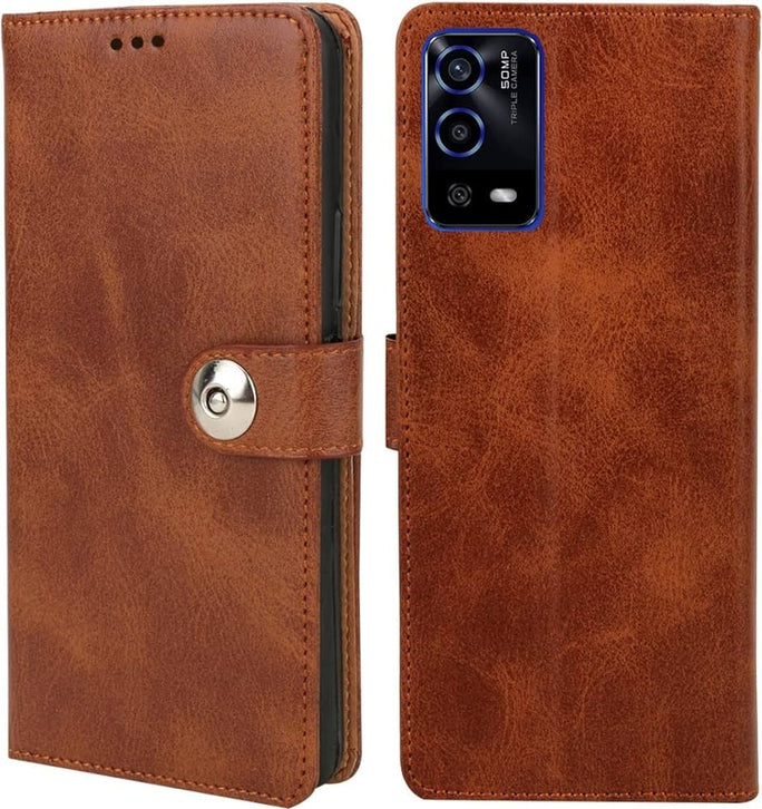 YOFO Oppo A55 Flip Cover | Leather Finish | Inside Pockets & Stand | Shockproof Wallet Style Magnetic Closure Back Cover Case for Oppo A55 (BROWN)