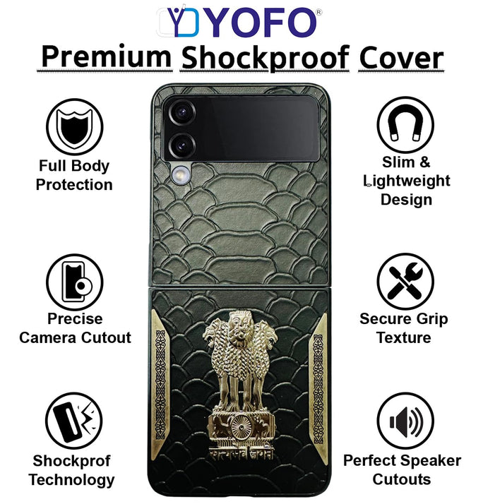 YOFO Premium Leather-Textured Back Cover for Samsung Galaxy Z FLIP 4 , Black with Metal Accents, Protective Case