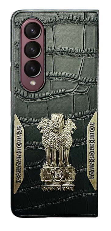YOFO Premium Back Cover for Samsung Galaxy Z Fold Series, Textured Black with Decorative Metal Accents (Style 3, Samsung Galaxy Z Fold3)
