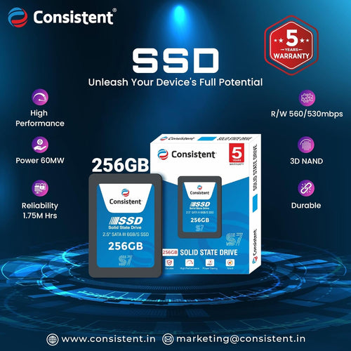 Consistent SSD 256GB 2.5 Inch SATA Internal SSD - Read: 550MB/s & Write: 500MB/s