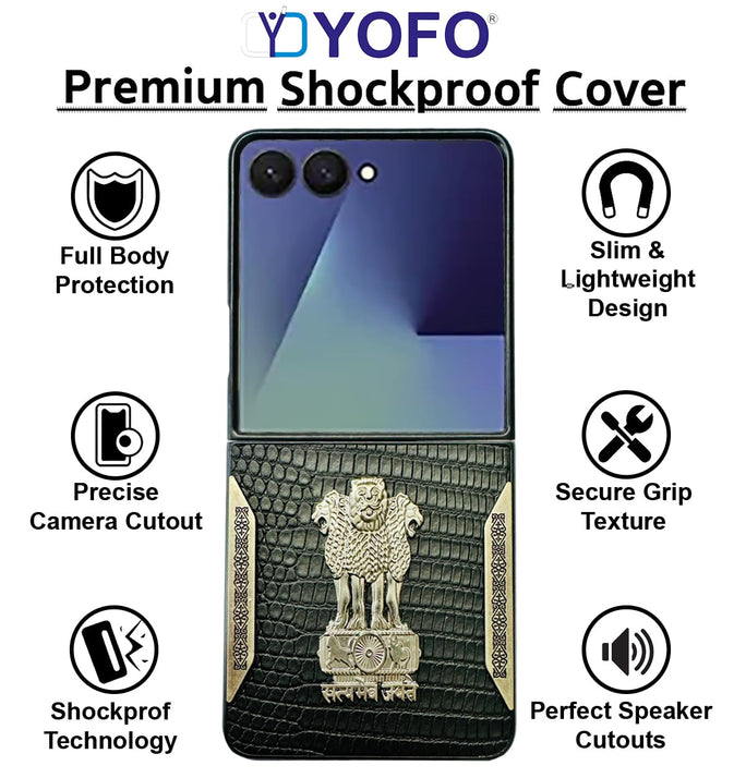 YOFO Premium Leather-Textured Back Cover for Samsung Galaxy Z Flip 7, Black with Metal Accents