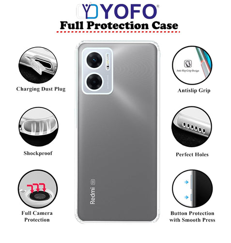 YOFO Back Cover for Redmi 11 Prime (5G) (Flexible|Silicone|Transparent|Full Camera Protection|Anti Dust Plug)