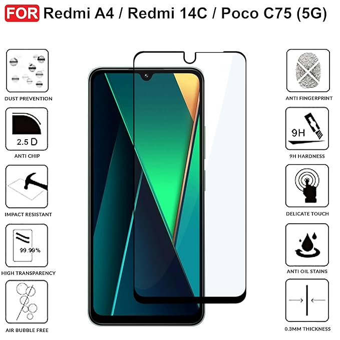 Edge to Edge Tempered glass for Redmi A4 / Redmi 14C/ Poco C75 5G