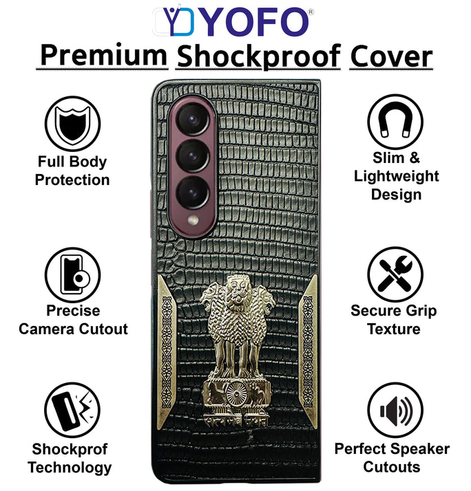 YOFO Premium Back Cover for Samsung Galaxy Z Fold Series, Textured Black with Decorative Metal Accents (Style 1, Samsung Galaxy Z Fold3)