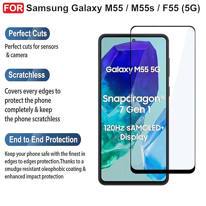 Edge to Edge Tempered Glass for Samsung F55,M55 5G ,F62, M62,M51,M52 5G,M53 5G