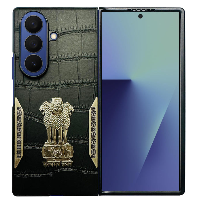 YOFO Premium Leather-Textured Back Cover for Samsung Galaxy Z Fold 7, Black with Metal Accents, Protective Case
